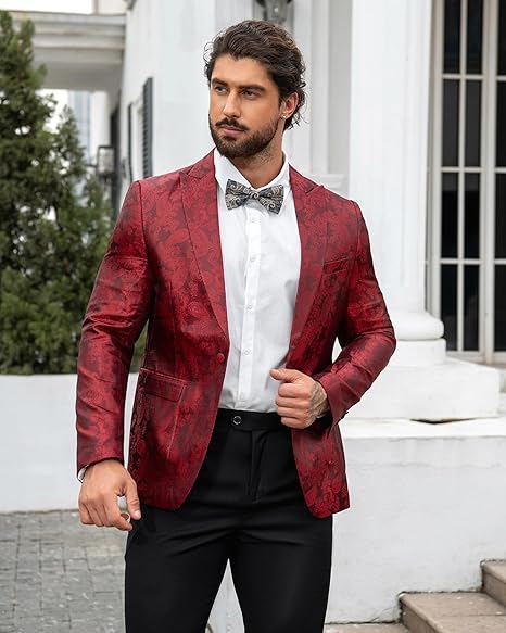 Red # Men's single-breasted one-button blazer with notched lapel and center vent, palace dark patterned red sport coat jacket featuring hot stamping printing process for party, prom, banquet, show and special occasions, isolated on white background.