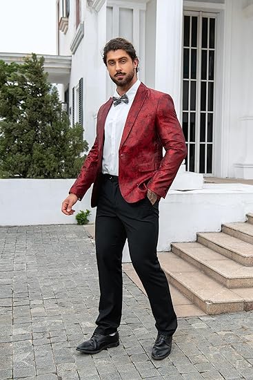 Red # Men's single-breasted one-button blazer with notched lapel and center vent, palace dark patterned red sport coat jacket featuring hot stamping printing process for party, prom, banquet, show and special occasions, isolated on white background.