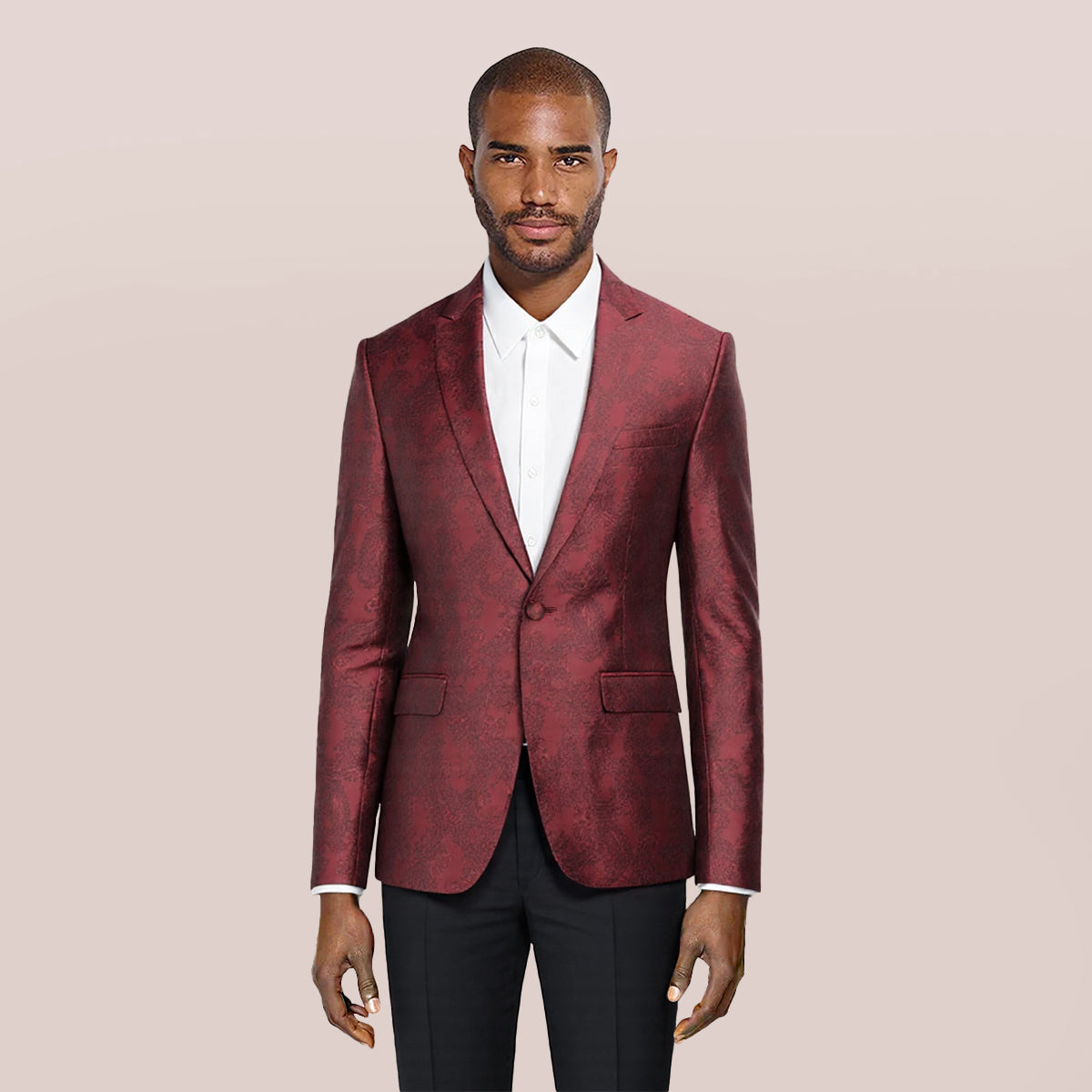 Red # Men's single-breasted one-button blazer with notched lapel and center vent, palace dark patterned red sport coat jacket featuring hot stamping printing process for party, prom, banquet, show and special occasions, isolated on white background.