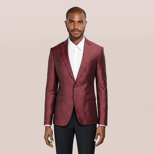 Red # Men's single-breasted one-button blazer with notched lapel and center vent, palace dark patterned red sport coat jacket featuring hot stamping printing process for party, prom, banquet, show and special occasions, isolated on white background.