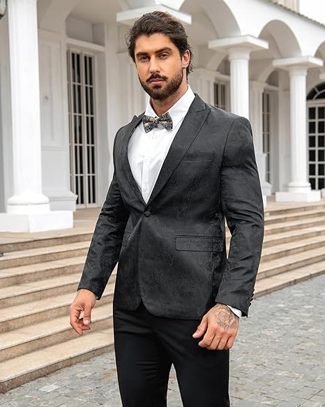 Black # Men's palace dark pattern one-button blazer with notched lapel and center vent, single-breasted black suit jacket with hot stamping printing process for party, prom, banquet, performance and special occasions, isolated on white background.