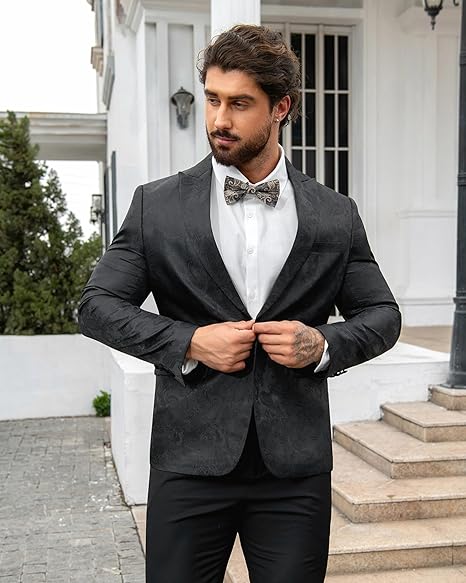Black # Men's palace dark pattern one-button blazer with notched lapel and center vent, single-breasted black suit jacket with hot stamping printing process for party, prom, banquet, performance and special occasions, isolated on white background.