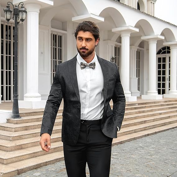 Black # Men's palace dark pattern one-button blazer with notched lapel and center vent, single-breasted black suit jacket with hot stamping printing process for party, prom, banquet, performance and special occasions, isolated on white background.