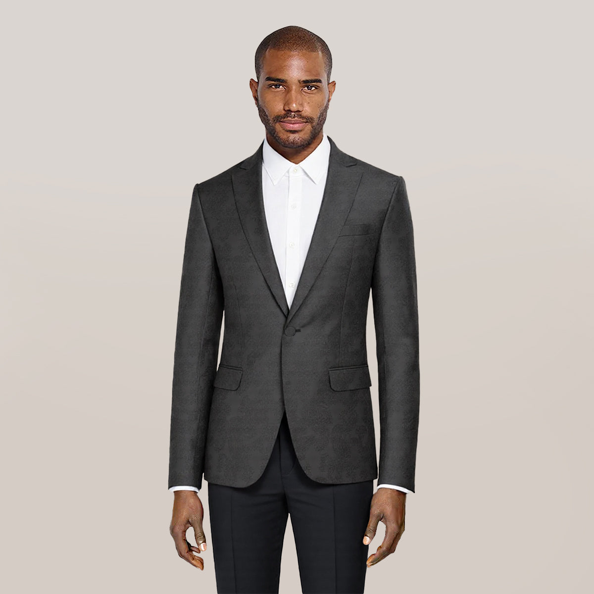 Black # Men's palace dark pattern one-button blazer with notched lapel and center vent, single-breasted black suit jacket with hot stamping printing process for party, prom, banquet, performance and special occasions, isolated on white background.