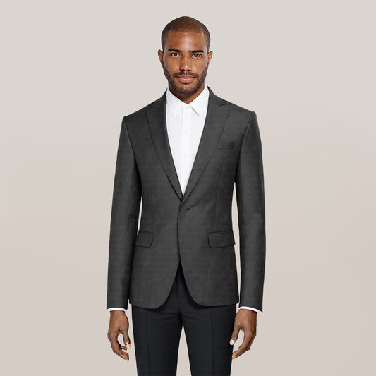 Black # Men's palace dark pattern one-button blazer with notched lapel and center vent, single-breasted black suit jacket with hot stamping printing process for party, prom, banquet, performance and special occasions, isolated on white background.