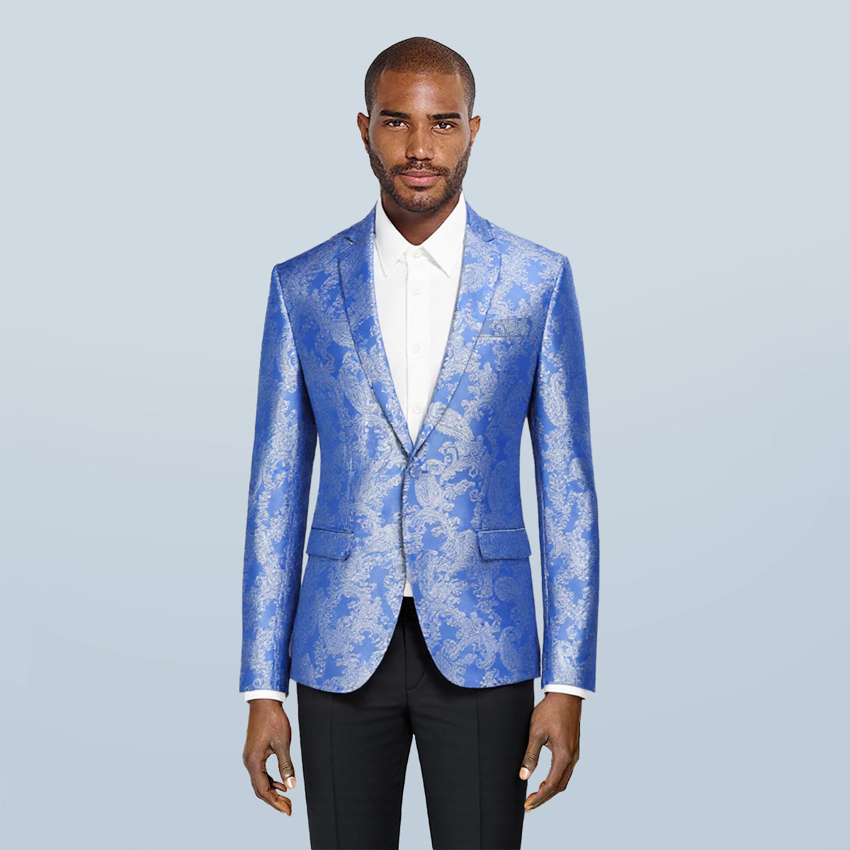Blue # Men's one-button palace dark pattern blazer with notched lapel and single-breasted closure, blue formal sport coat with center back vent and hot stamping print for party, prom, banquet, show, festival and special occasions, isolated on white background.