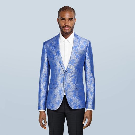 Blue # Men's one-button palace dark pattern blazer with notched lapel and single-breasted closure, blue formal sport coat with center back vent and hot stamping print for party, prom, banquet, show, festival and special occasions, isolated on white background.