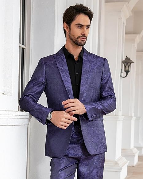 Purple # Men's single-breasted palace dark pattern one-button blazer with notched lapel and center vent, purple formal suit jacket featuring hot stamping printing process for party, prom, banquet, celebration, stage performance and special events, isolated on white background.