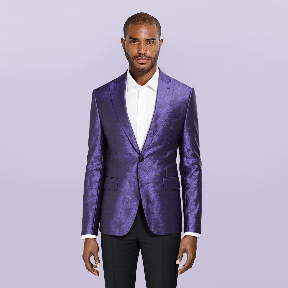 Purple # Men's single-breasted palace dark pattern one-button blazer with notched lapel and center vent, purple formal suit jacket featuring hot stamping printing process for party, prom, banquet, celebration, stage performance and special events, isolated on white background.