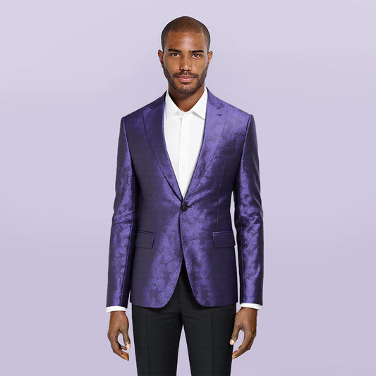 Purple # Men's single-breasted palace dark pattern one-button blazer with notched lapel and center vent, purple formal suit jacket featuring hot stamping printing process for party, prom, banquet, celebration, stage performance and special events, isolated on white background.