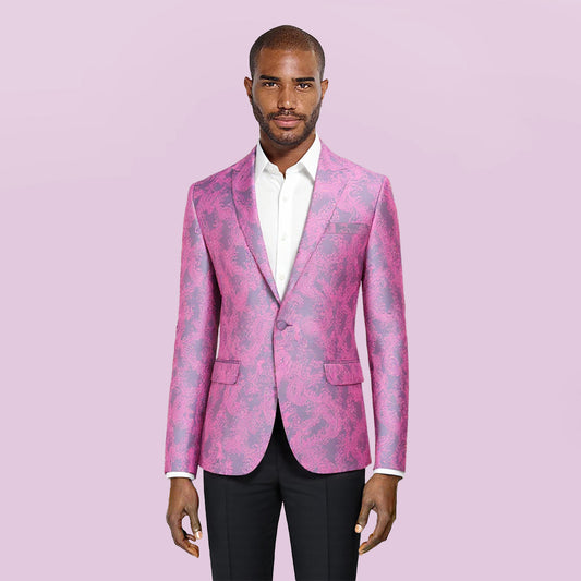 Mulberry # Men's palace dark pattern one-button blazer with notched lapel and center vent, single-breasted mulberry sport coat jacket with hot stamping printing process for party, prom, banquet, show and special occasions, isolated on white background.