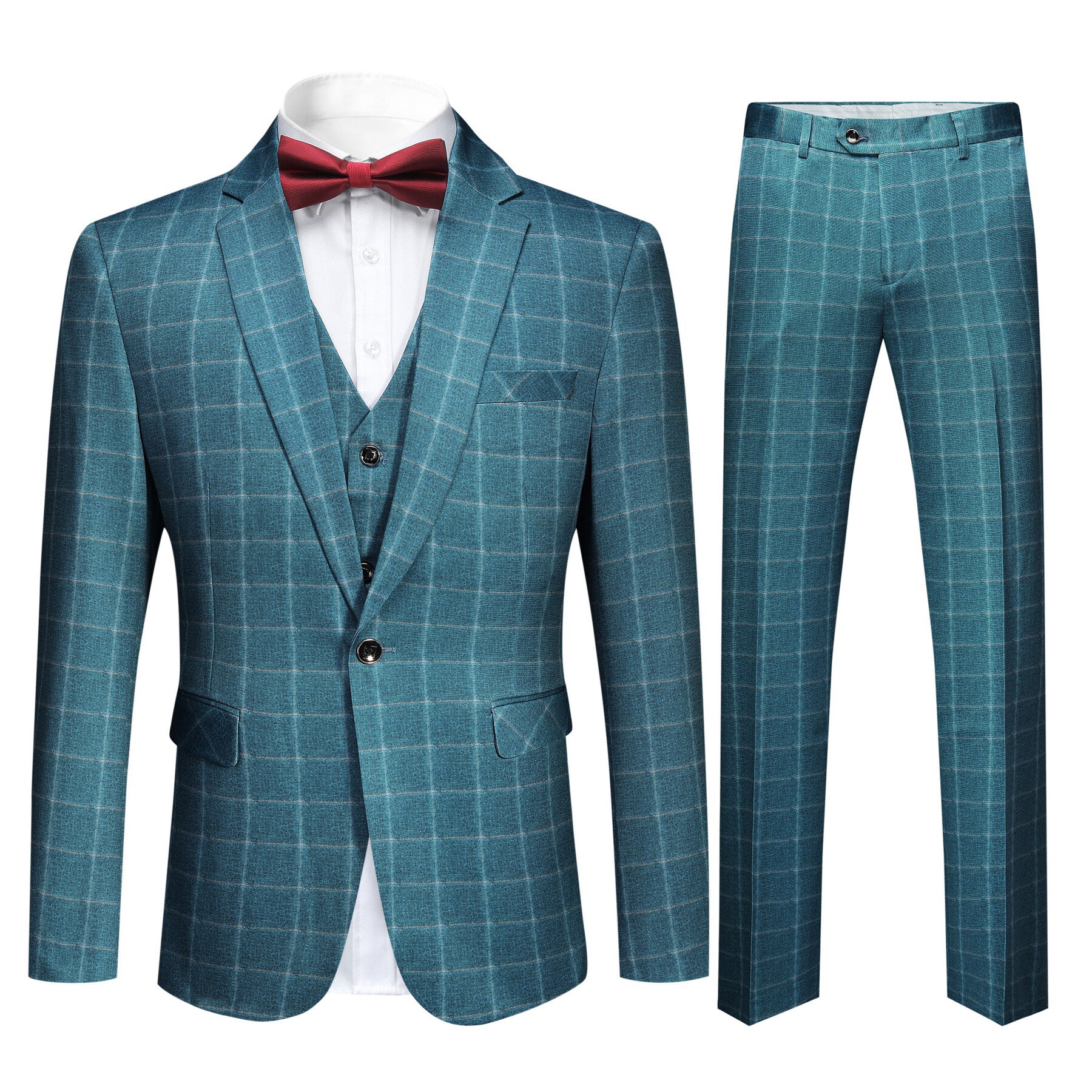 Blue Plaid # Men's slim fit 3-piece modern plaid suit with peaked lapel and button closure, blue checkered formal blazer jacket with matching vest and flat-front trousers with extended waist strap and slanted side pockets, elegant polyester viscose spandex blend suit for business, wedding, office and daily wear, isolated on white background.
