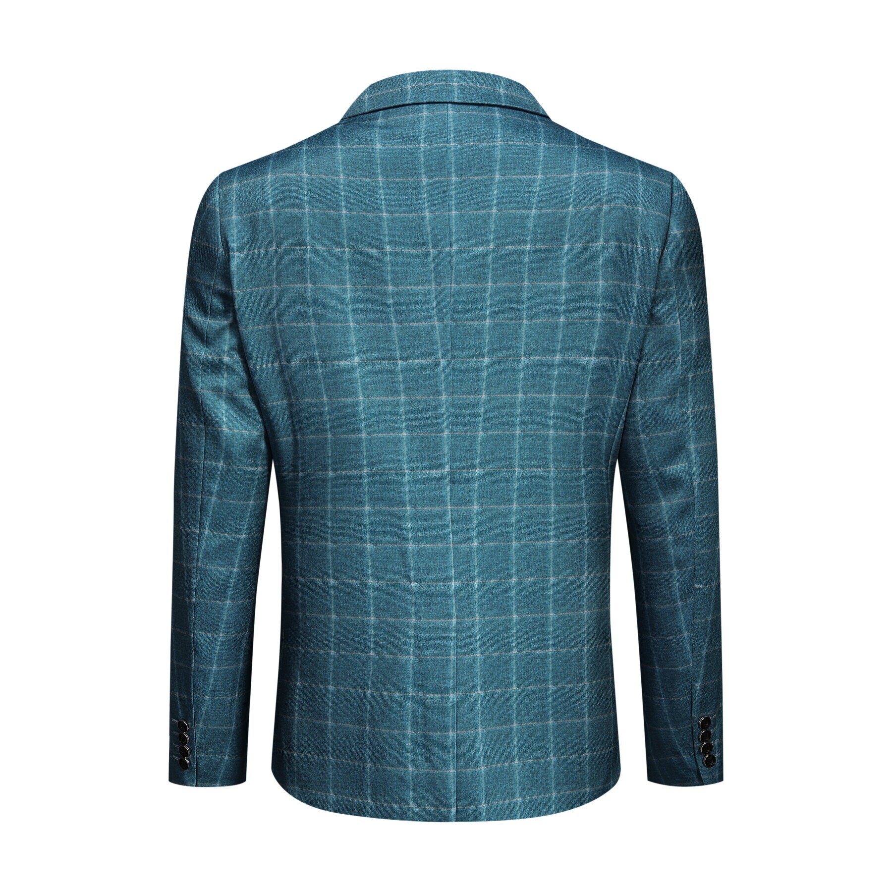 Blue Plaid # Men's slim fit 3-piece modern plaid suit with peaked lapel and button closure, blue checkered formal blazer jacket with matching vest and flat-front trousers with extended waist strap and slanted side pockets, elegant polyester viscose spandex blend suit for business, wedding, office and daily wear, isolated on white background.