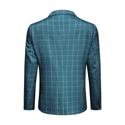 Blue Plaid # Men's slim fit 3-piece modern plaid suit with peaked lapel and button closure, blue checkered formal blazer jacket with matching vest and flat-front trousers with extended waist strap and slanted side pockets, elegant polyester viscose spandex blend suit for business, wedding, office and daily wear, isolated on white background.