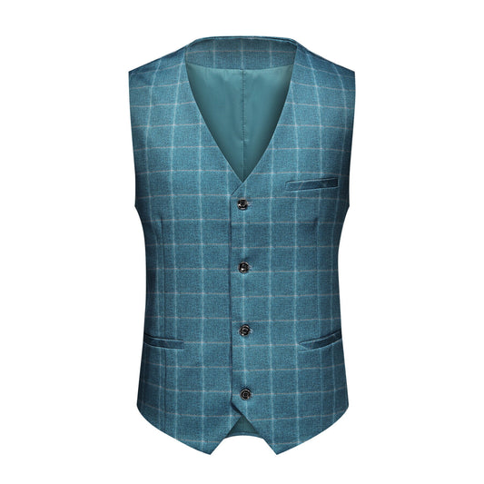 Blue Plaid # Men's slim fit 3-piece modern plaid suit with peaked lapel and button closure, blue checkered formal blazer jacket with matching vest and flat-front trousers with extended waist strap and slanted side pockets, elegant polyester viscose spandex blend suit for business, wedding, office and daily wear, isolated on white background.