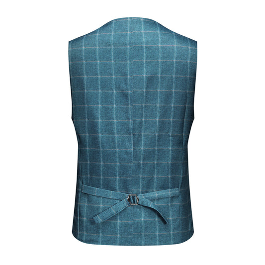 Blue Plaid # Men's slim fit 3-piece modern plaid suit with peaked lapel and button closure, blue checkered formal blazer jacket with matching vest and flat-front trousers with extended waist strap and slanted side pockets, elegant polyester viscose spandex blend suit for business, wedding, office and daily wear, isolated on white background.