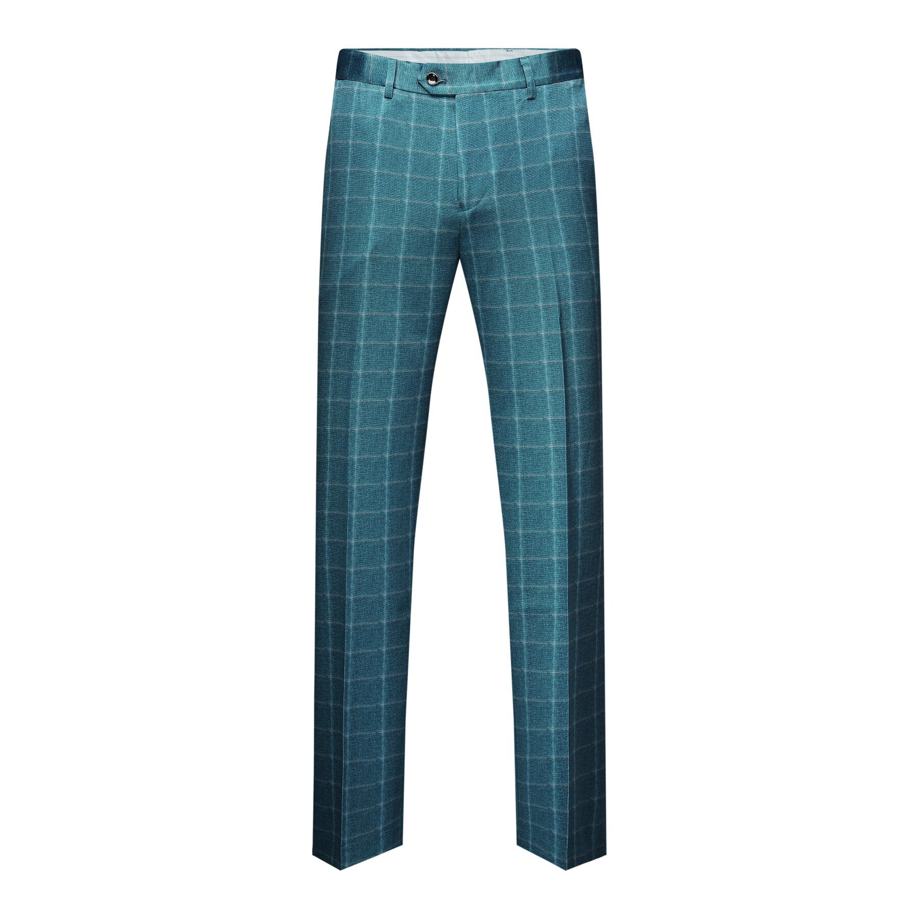 Blue Plaid # Men's slim fit 3-piece modern plaid suit with peaked lapel and button closure, blue checkered formal blazer jacket with matching vest and flat-front trousers with extended waist strap and slanted side pockets, elegant polyester viscose spandex blend suit for business, wedding, office and daily wear, isolated on white background.