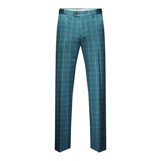 Blue Plaid # Men's slim fit 3-piece modern plaid suit with peaked lapel and button closure, blue checkered formal blazer jacket with matching vest and flat-front trousers with extended waist strap and slanted side pockets, elegant polyester viscose spandex blend suit for business, wedding, office and daily wear, isolated on white background.