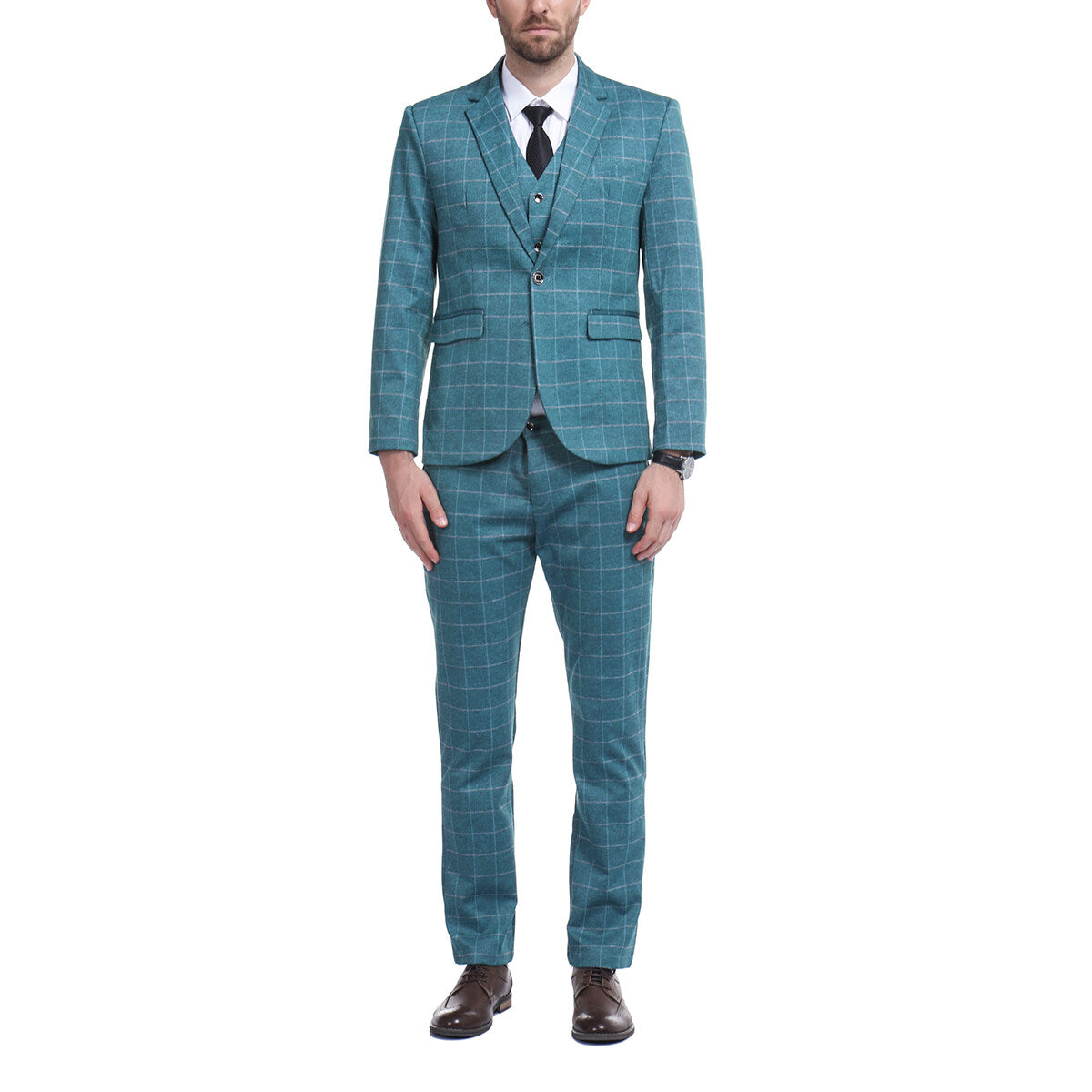 Blue Plaid # Men's slim fit 3-piece modern plaid suit with peaked lapel and button closure, blue checkered formal blazer jacket with matching vest and flat-front trousers with extended waist strap and slanted side pockets, elegant polyester viscose spandex blend suit for business, wedding, office and daily wear, isolated on white background.