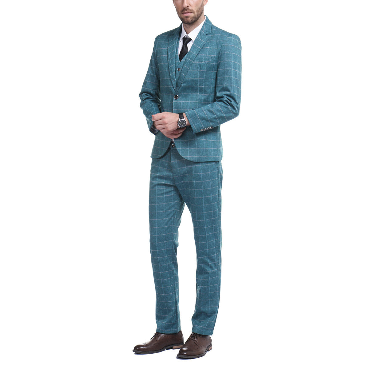 Blue Plaid # Men's slim fit 3-piece modern plaid suit with peaked lapel and button closure, blue checkered formal blazer jacket with matching vest and flat-front trousers with extended waist strap and slanted side pockets, elegant polyester viscose spandex blend suit for business, wedding, office and daily wear, isolated on white background.
