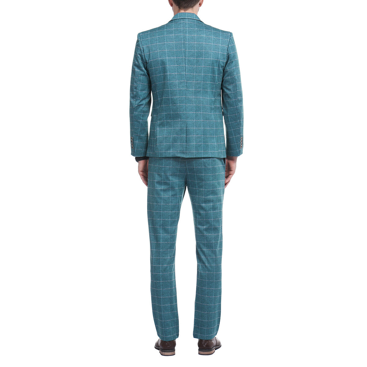 Blue Plaid # Men's slim fit 3-piece modern plaid suit with peaked lapel and button closure, blue checkered formal blazer jacket with matching vest and flat-front trousers with extended waist strap and slanted side pockets, elegant polyester viscose spandex blend suit for business, wedding, office and daily wear, isolated on white background.