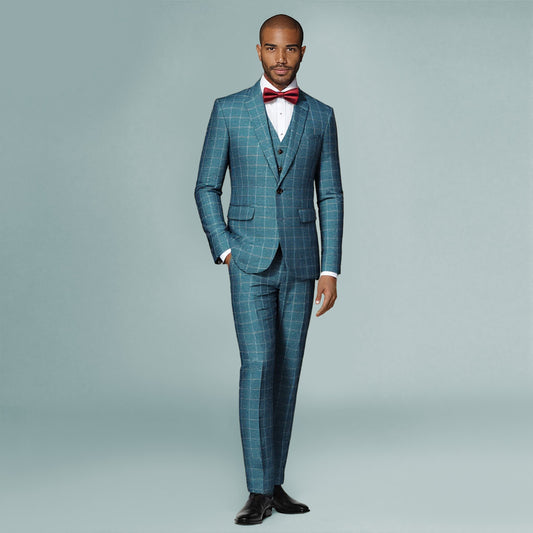 Blue Plaid # Men's slim fit 3-piece modern plaid suit with peaked lapel and button closure, blue checkered formal blazer jacket with matching vest and flat-front trousers with extended waist strap and slanted side pockets, elegant polyester viscose spandex blend suit for business, wedding, office and daily wear, isolated on white background.