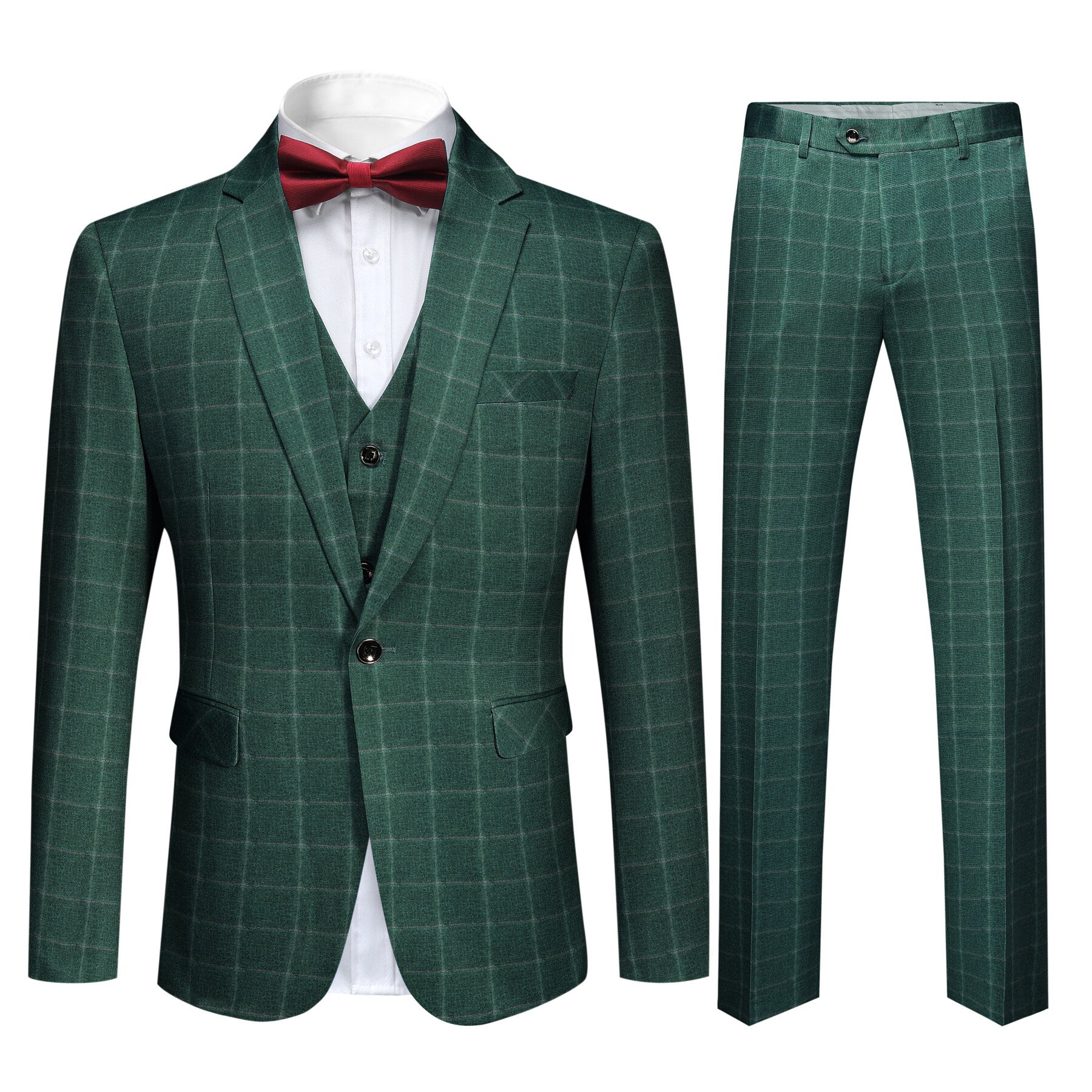 Green Plaid # Men's slim fit 3-piece green plaid modern suit with peaked lapel and button closure, classic yet contemporary formal blazer jacket with matching vest and flat-front trousers with extended waist strap for business, wedding, prom and daily wear, isolated on white background.