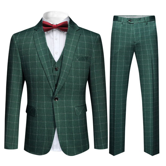 Green Plaid # Men's slim fit 3-piece green plaid modern suit with peaked lapel and button closure, classic yet contemporary formal blazer jacket with matching vest and flat-front trousers with extended waist strap for business, wedding, prom and daily wear, isolated on white background.