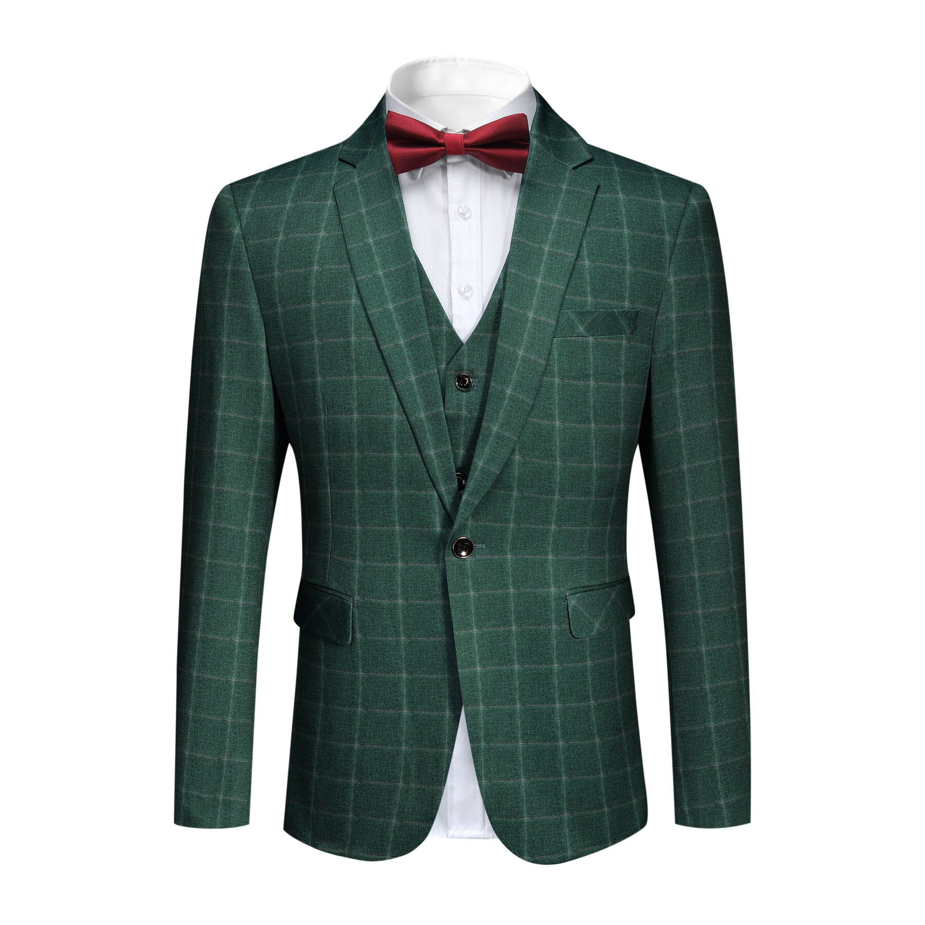 Green Plaid # Men's slim fit 3-piece green plaid modern suit with peaked lapel and button closure, classic yet contemporary formal blazer jacket with matching vest and flat-front trousers with extended waist strap for business, wedding, prom and daily wear, isolated on white background.