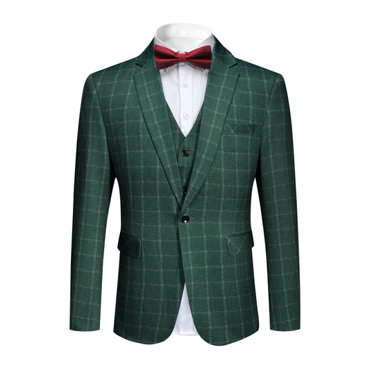 Green Plaid # Men's slim fit 3-piece green plaid modern suit with peaked lapel and button closure, classic yet contemporary formal blazer jacket with matching vest and flat-front trousers with extended waist strap for business, wedding, prom and daily wear, isolated on white background.