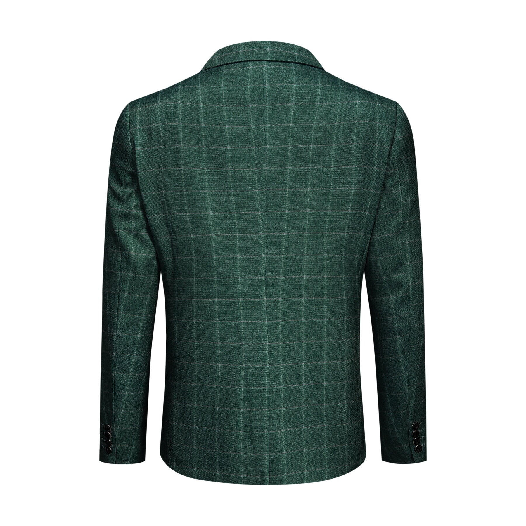 Green Plaid # Men's slim fit 3-piece green plaid modern suit with peaked lapel and button closure, classic yet contemporary formal blazer jacket with matching vest and flat-front trousers with extended waist strap for business, wedding, prom and daily wear, isolated on white background.