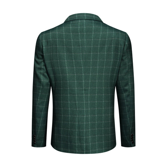 Green Plaid # Men's slim fit 3-piece green plaid modern suit with peaked lapel and button closure, classic yet contemporary formal blazer jacket with matching vest and flat-front trousers with extended waist strap for business, wedding, prom and daily wear, isolated on white background.