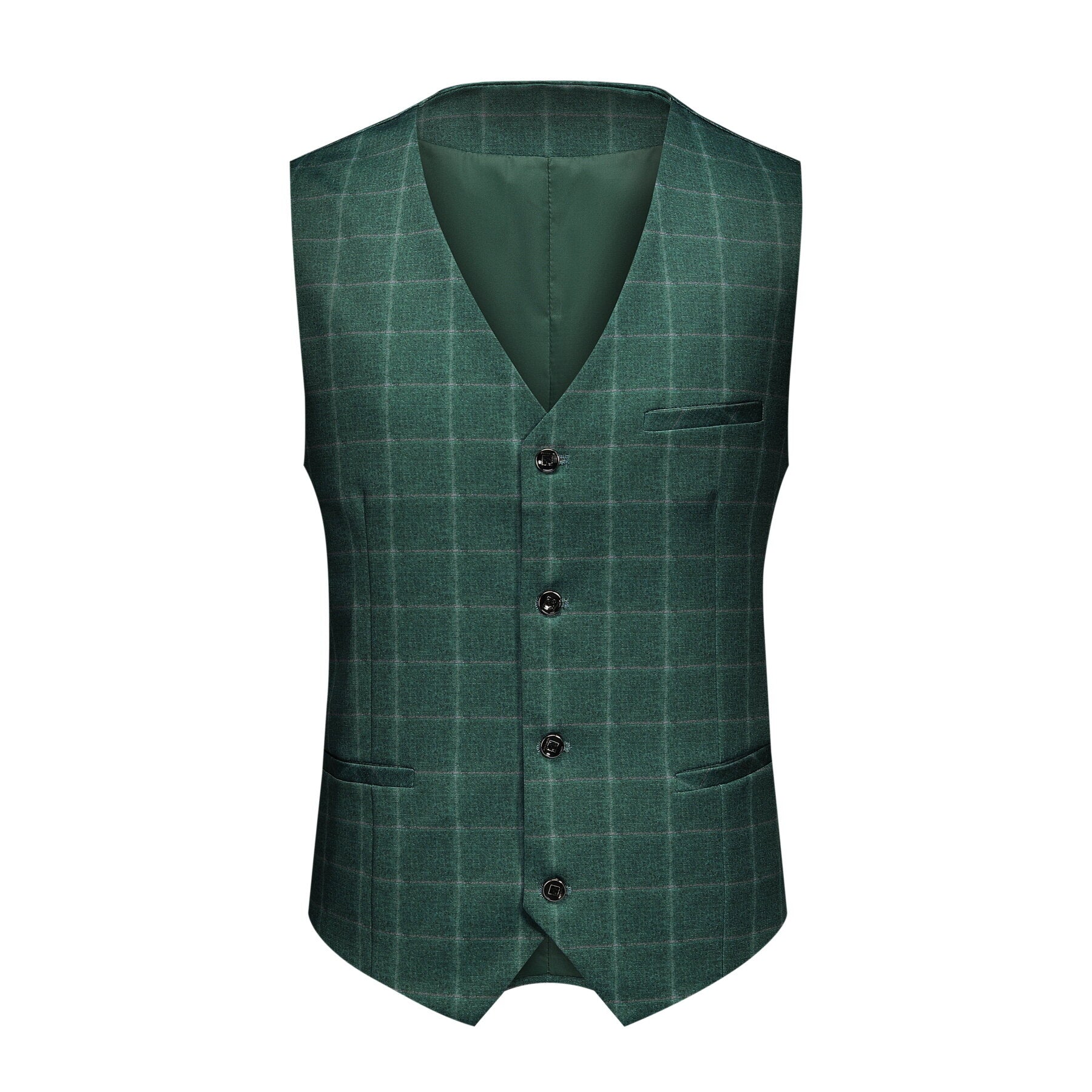 Green Plaid # Men's slim fit 3-piece green plaid modern suit with peaked lapel and button closure, classic yet contemporary formal blazer jacket with matching vest and flat-front trousers with extended waist strap for business, wedding, prom and daily wear, isolated on white background.