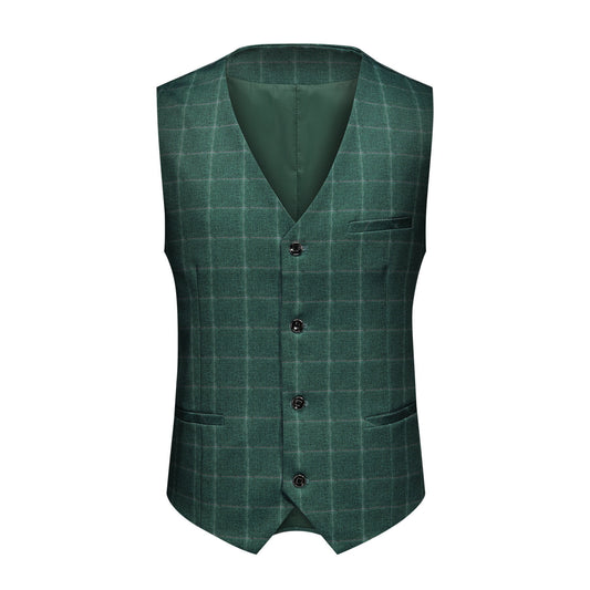 Green Plaid # Men's slim fit 3-piece green plaid modern suit with peaked lapel and button closure, classic yet contemporary formal blazer jacket with matching vest and flat-front trousers with extended waist strap for business, wedding, prom and daily wear, isolated on white background.