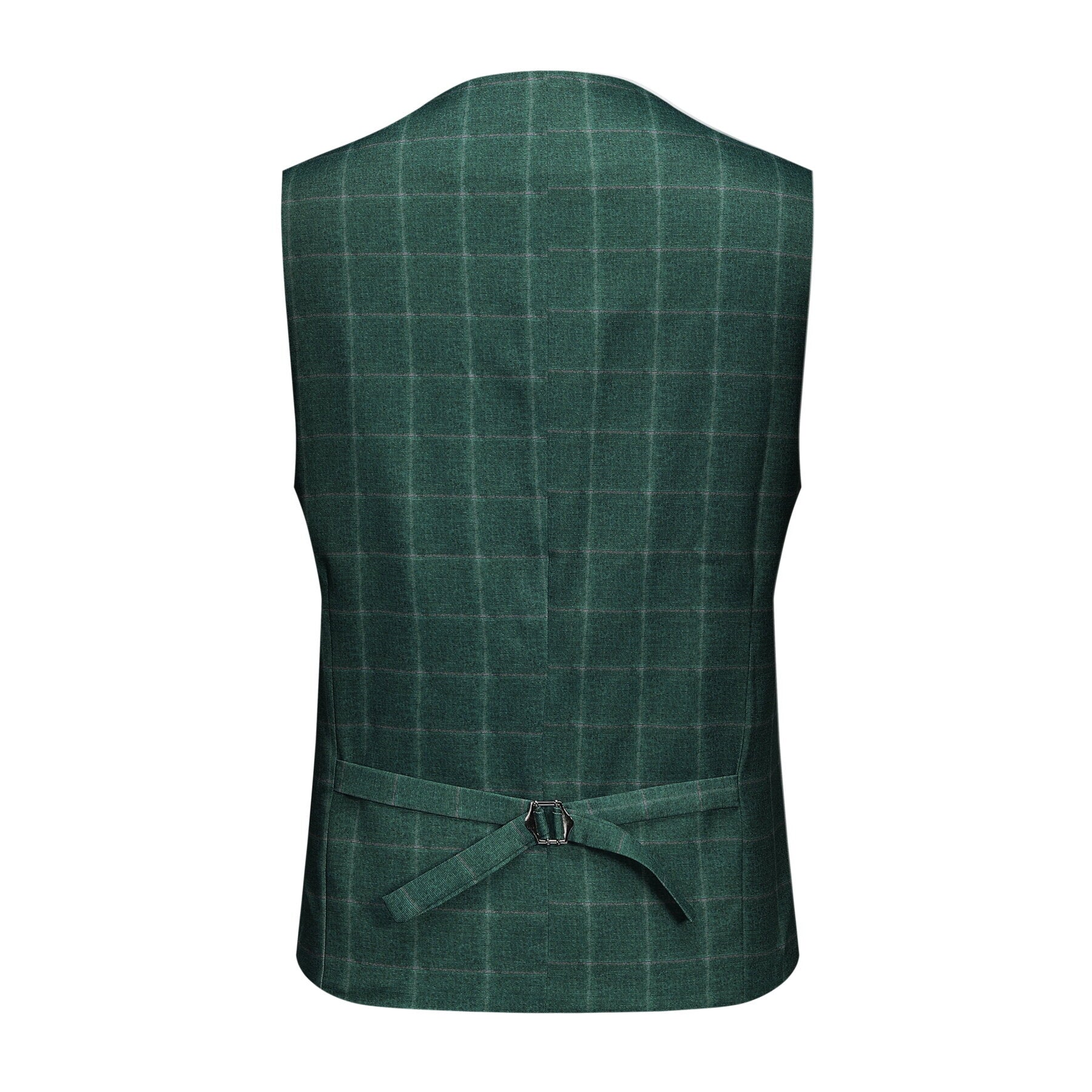 Green Plaid # Men's slim fit 3-piece green plaid modern suit with peaked lapel and button closure, classic yet contemporary formal blazer jacket with matching vest and flat-front trousers with extended waist strap for business, wedding, prom and daily wear, isolated on white background.