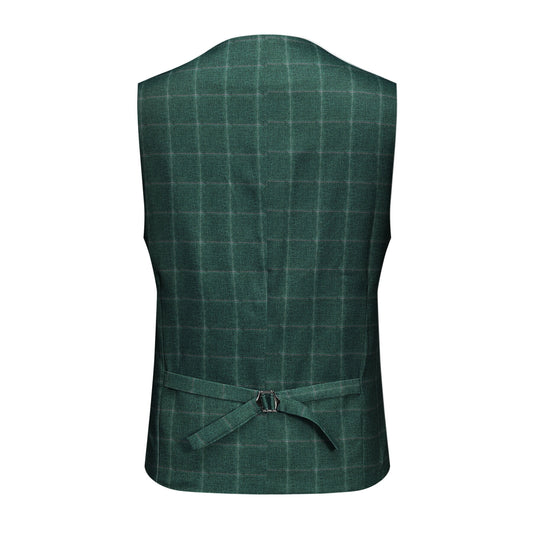 Green Plaid # Men's slim fit 3-piece green plaid modern suit with peaked lapel and button closure, classic yet contemporary formal blazer jacket with matching vest and flat-front trousers with extended waist strap for business, wedding, prom and daily wear, isolated on white background.