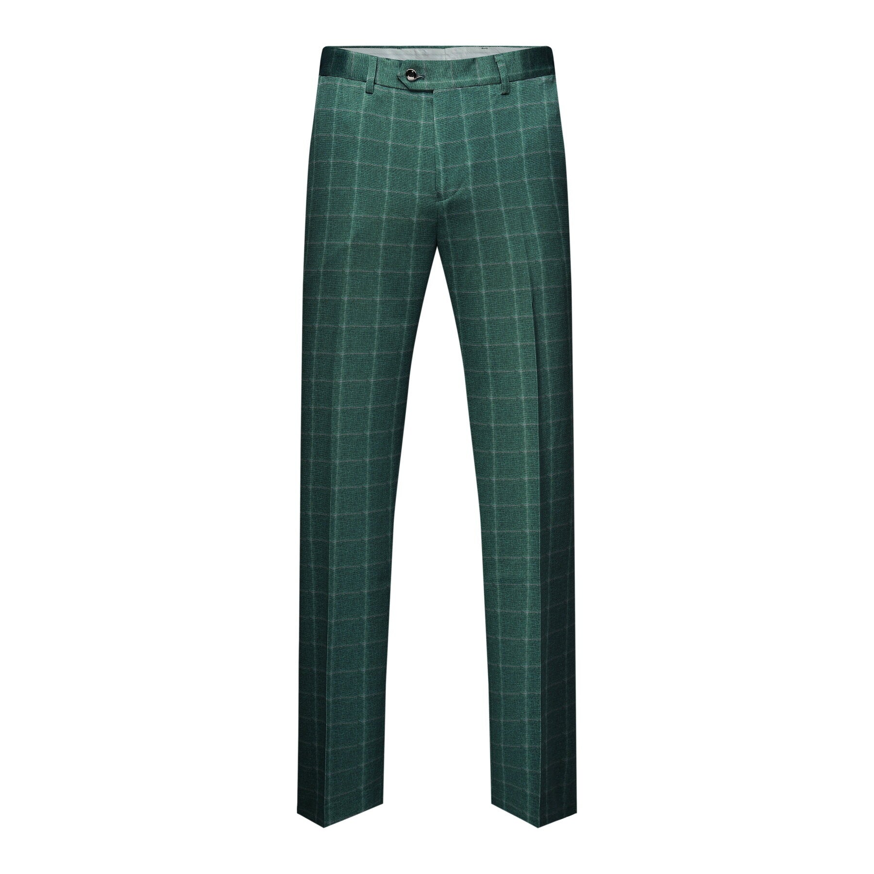 Green Plaid # Men's slim fit 3-piece green plaid modern suit with peaked lapel and button closure, classic yet contemporary formal blazer jacket with matching vest and flat-front trousers with extended waist strap for business, wedding, prom and daily wear, isolated on white background.
