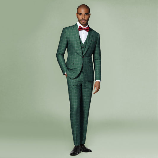 Green Plaid # Men's slim fit 3-piece green plaid modern suit with peaked lapel and button closure, classic yet contemporary formal blazer jacket with matching vest and flat-front trousers with extended waist strap for business, wedding, prom and daily wear, isolated on white background.