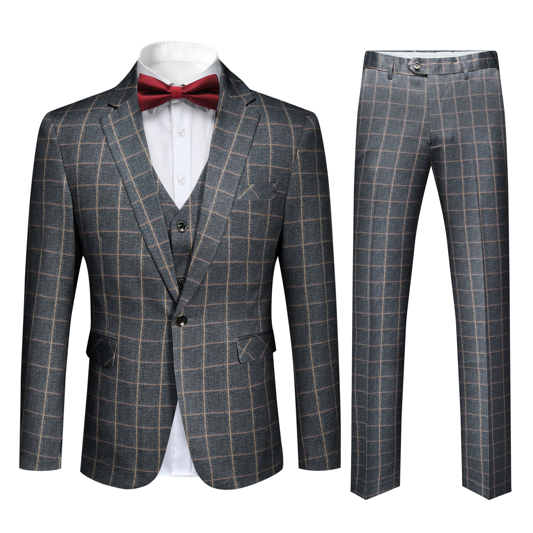 Grey Plaid # Men's slim fit 3-piece grey plaid modern suit with peaked lapel and button closure, classic tailored blazer jacket with matching vest and flat-front trousers with extended waist strap, elegant formal wear for business, wedding, prom and daily occasions, isolated on white background.
