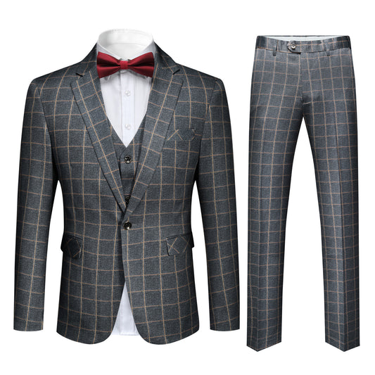 Grey Plaid # Men's slim fit 3-piece grey plaid modern suit with peaked lapel and button closure, classic tailored blazer jacket with matching vest and flat-front trousers with extended waist strap, elegant formal wear for business, wedding, prom and daily occasions, isolated on white background.