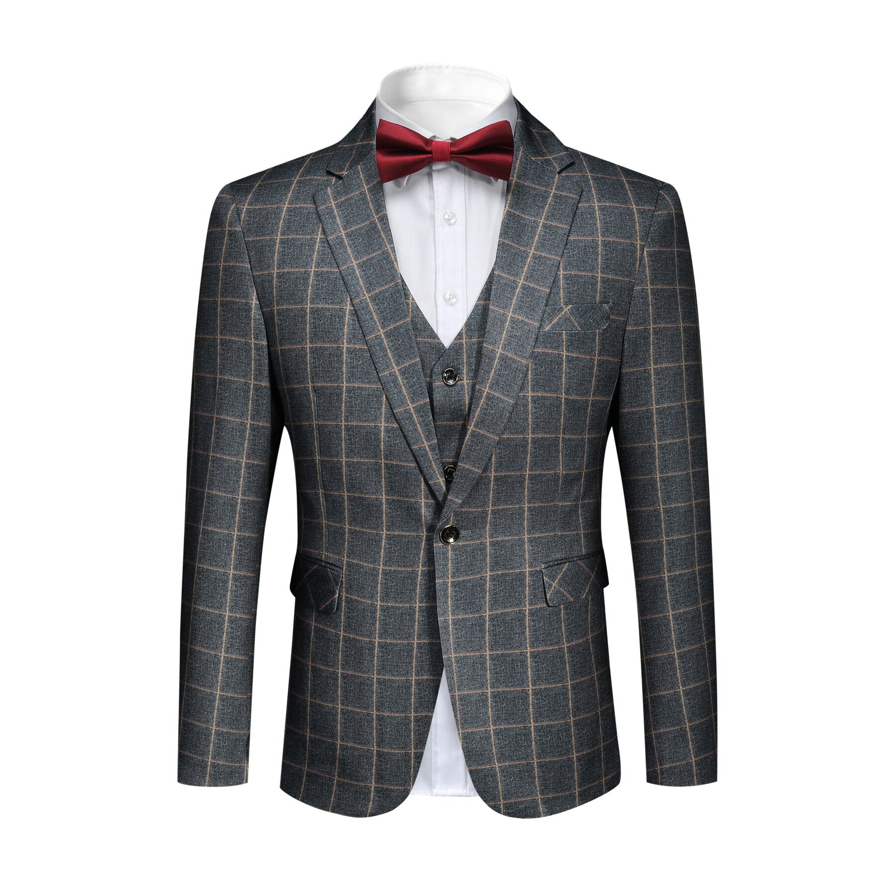 Grey Plaid # Men's slim fit 3-piece grey plaid modern suit with peaked lapel and button closure, classic tailored blazer jacket with matching vest and flat-front trousers with extended waist strap, elegant formal wear for business, wedding, prom and daily occasions, isolated on white background.