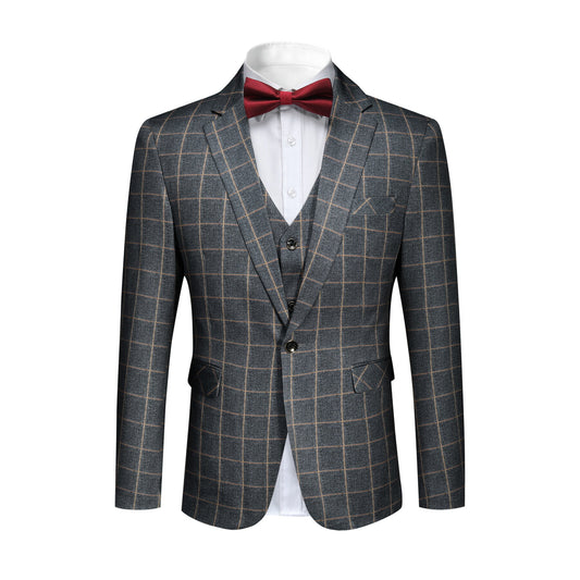 Grey Plaid # Men's slim fit 3-piece grey plaid modern suit with peaked lapel and button closure, classic tailored blazer jacket with matching vest and flat-front trousers with extended waist strap, elegant formal wear for business, wedding, prom and daily occasions, isolated on white background.