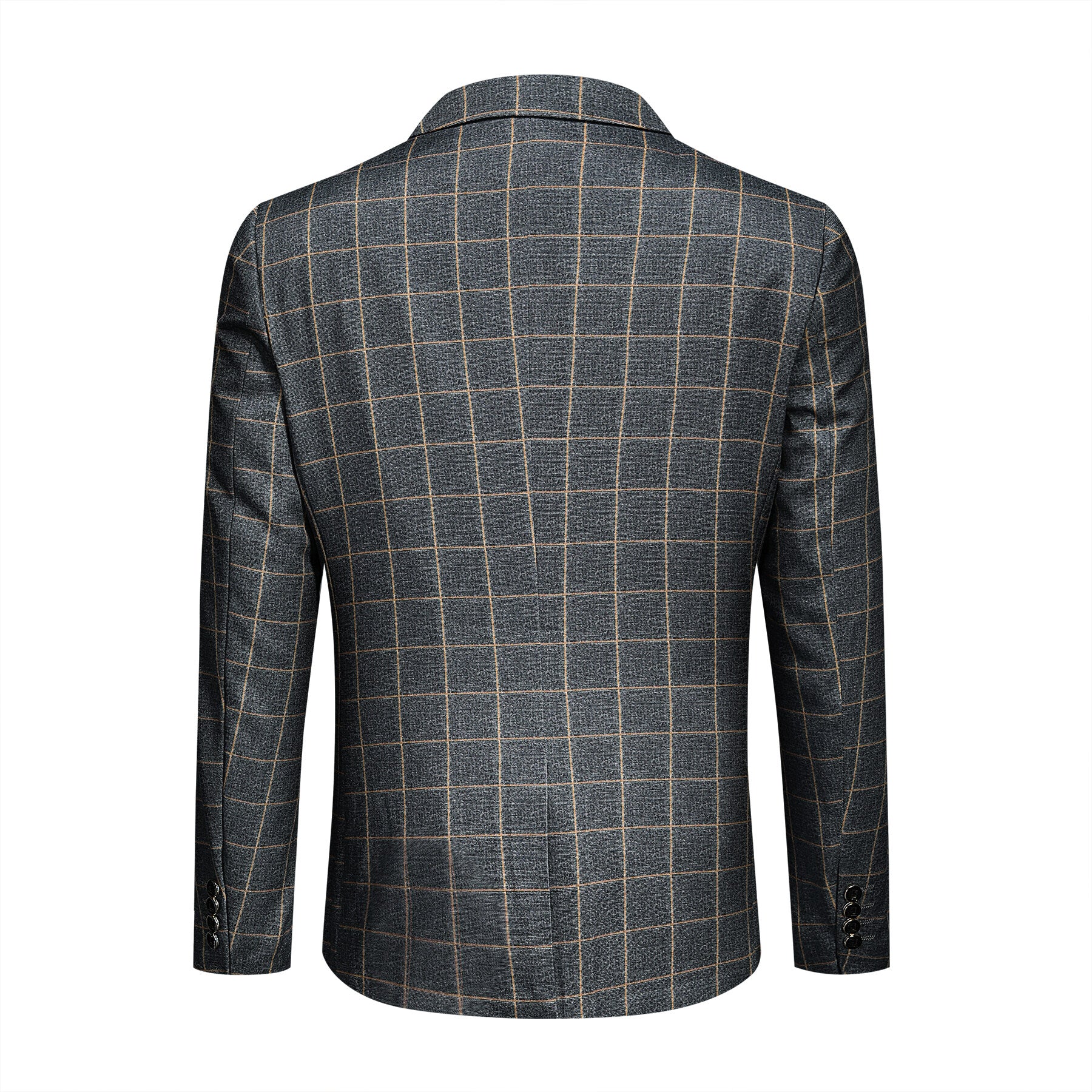 Grey Plaid # Men's slim fit 3-piece grey plaid modern suit with peaked lapel and button closure, classic tailored blazer jacket with matching vest and flat-front trousers with extended waist strap, elegant formal wear for business, wedding, prom and daily occasions, isolated on white background.