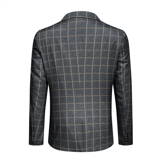 Grey Plaid # Men's slim fit 3-piece grey plaid modern suit with peaked lapel and button closure, classic tailored blazer jacket with matching vest and flat-front trousers with extended waist strap, elegant formal wear for business, wedding, prom and daily occasions, isolated on white background.