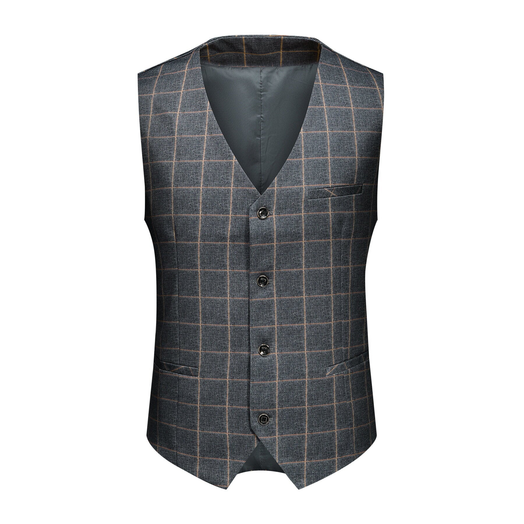 Grey Plaid # Men's slim fit 3-piece grey plaid modern suit with peaked lapel and button closure, classic tailored blazer jacket with matching vest and flat-front trousers with extended waist strap, elegant formal wear for business, wedding, prom and daily occasions, isolated on white background.