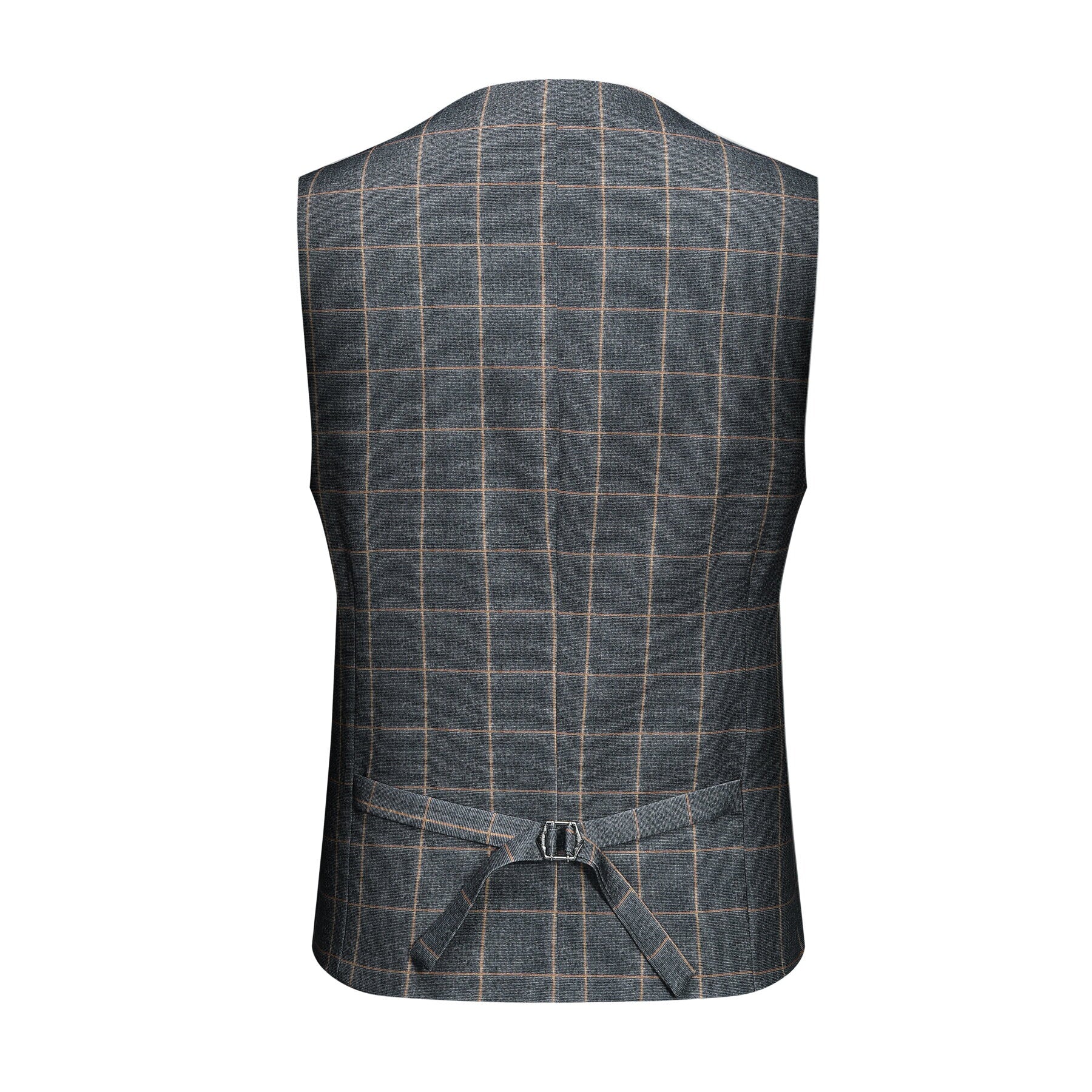 Grey Plaid # Men's slim fit 3-piece grey plaid modern suit with peaked lapel and button closure, classic tailored blazer jacket with matching vest and flat-front trousers with extended waist strap, elegant formal wear for business, wedding, prom and daily occasions, isolated on white background.