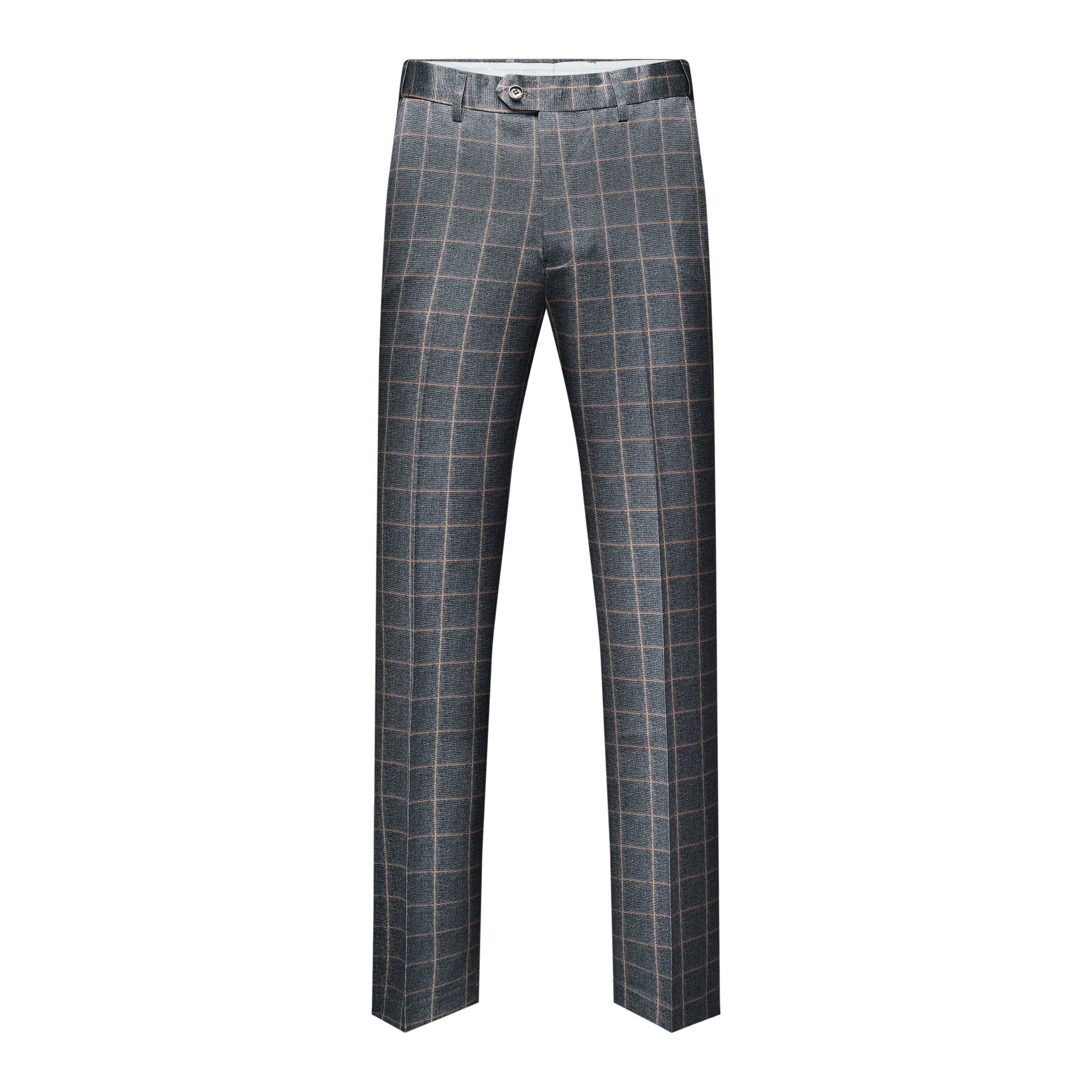 Grey Plaid # Men's slim fit 3-piece grey plaid modern suit with peaked lapel and button closure, classic tailored blazer jacket with matching vest and flat-front trousers with extended waist strap, elegant formal wear for business, wedding, prom and daily occasions, isolated on white background.