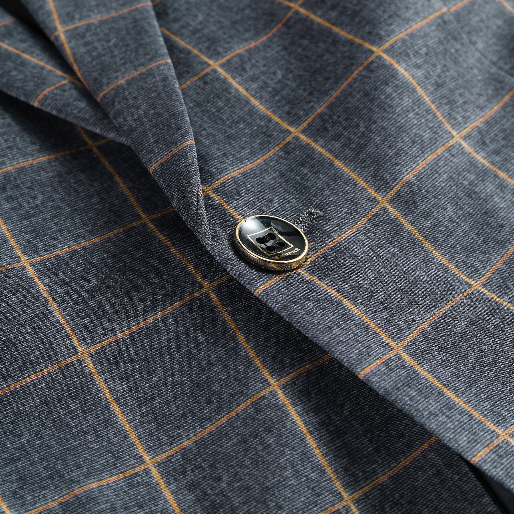 Grey Plaid # Men's slim fit 3-piece grey plaid modern suit with peaked lapel and button closure, classic tailored blazer jacket with matching vest and flat-front trousers with extended waist strap, elegant formal wear for business, wedding, prom and daily occasions, isolated on white background.