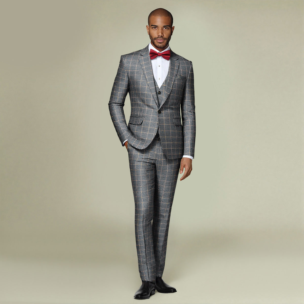 Grey Plaid # Men's slim fit 3-piece grey plaid modern suit with peaked lapel and button closure, classic tailored blazer jacket with matching vest and flat-front trousers with extended waist strap, elegant formal wear for business, wedding, prom and daily occasions, isolated on white background.