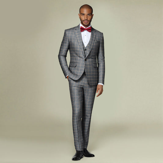 Grey Plaid # Men's slim fit 3-piece grey plaid modern suit with peaked lapel and button closure, classic tailored blazer jacket with matching vest and flat-front trousers with extended waist strap, elegant formal wear for business, wedding, prom and daily occasions, isolated on white background.